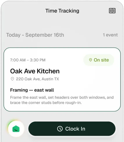 Time Tracking clock-in screen