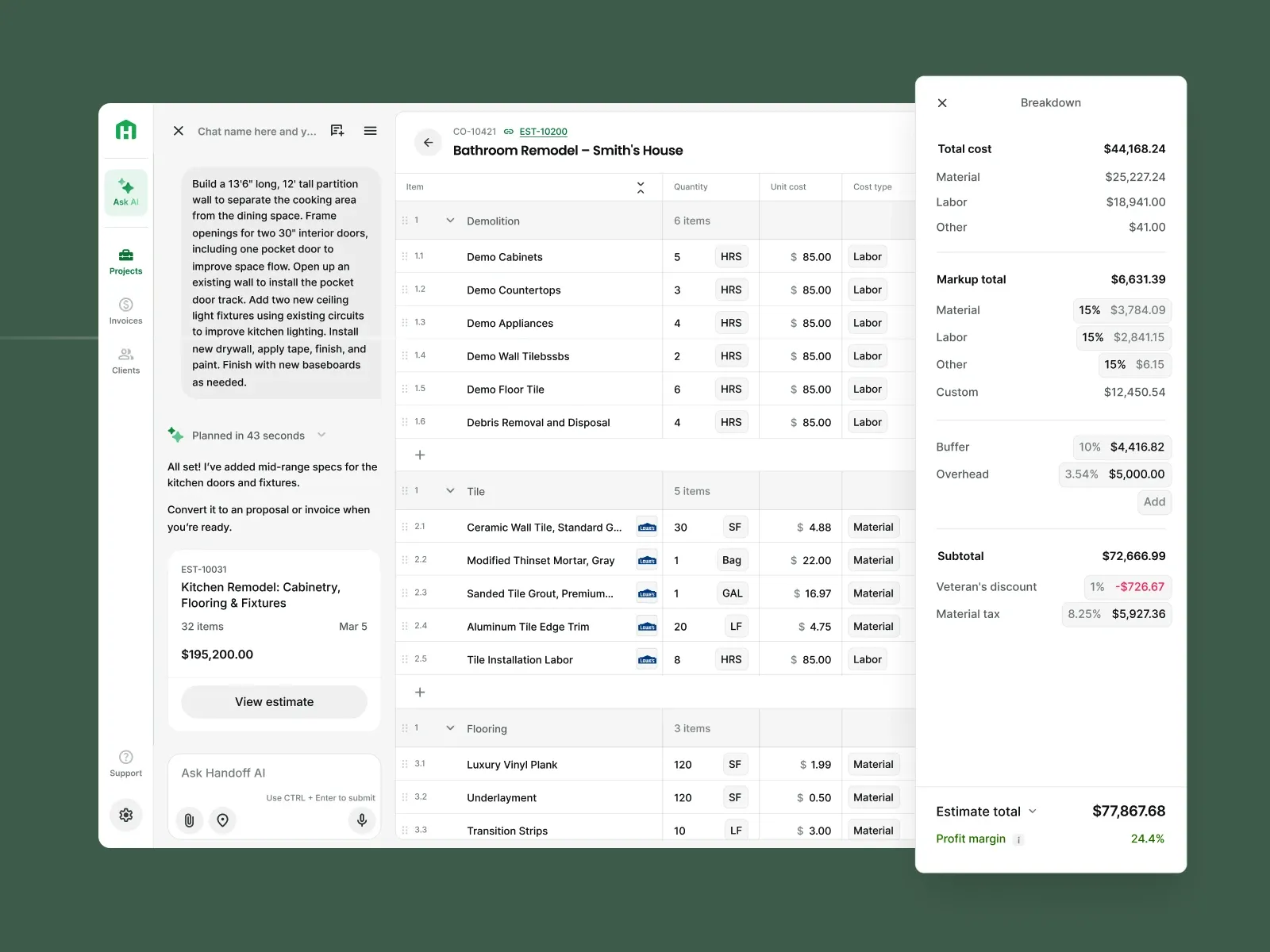 Handoff AI estimate view