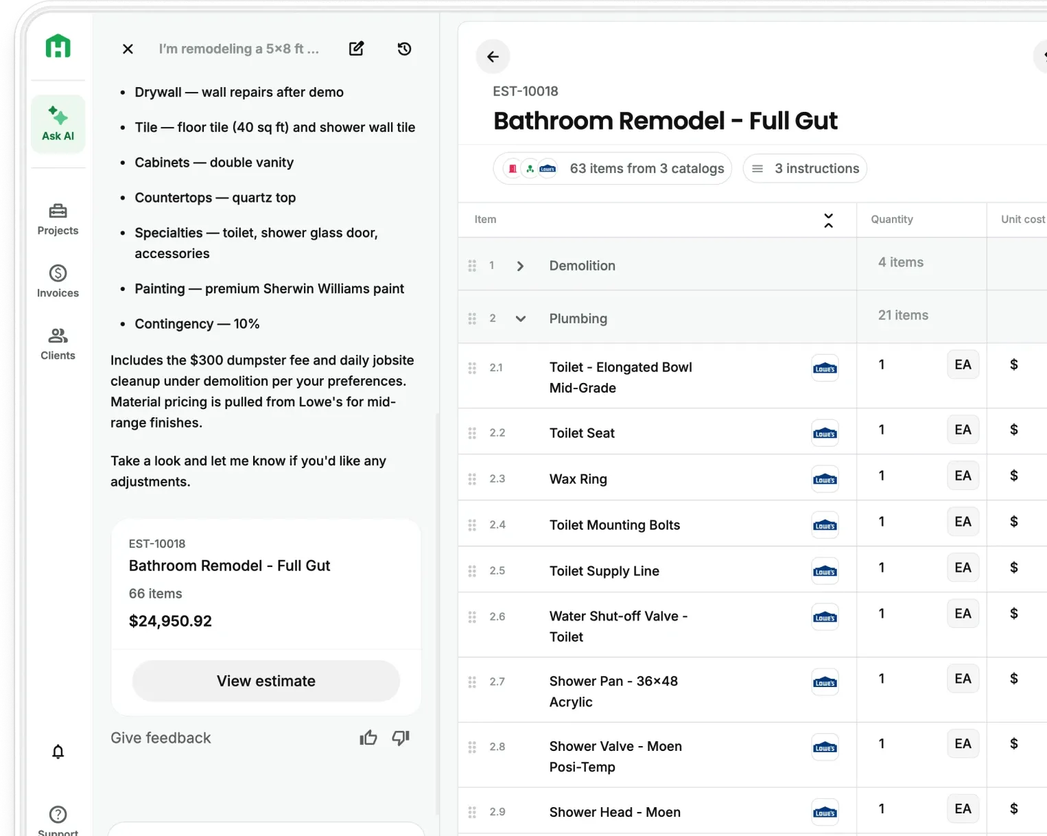 Handoff modern estimate and project view