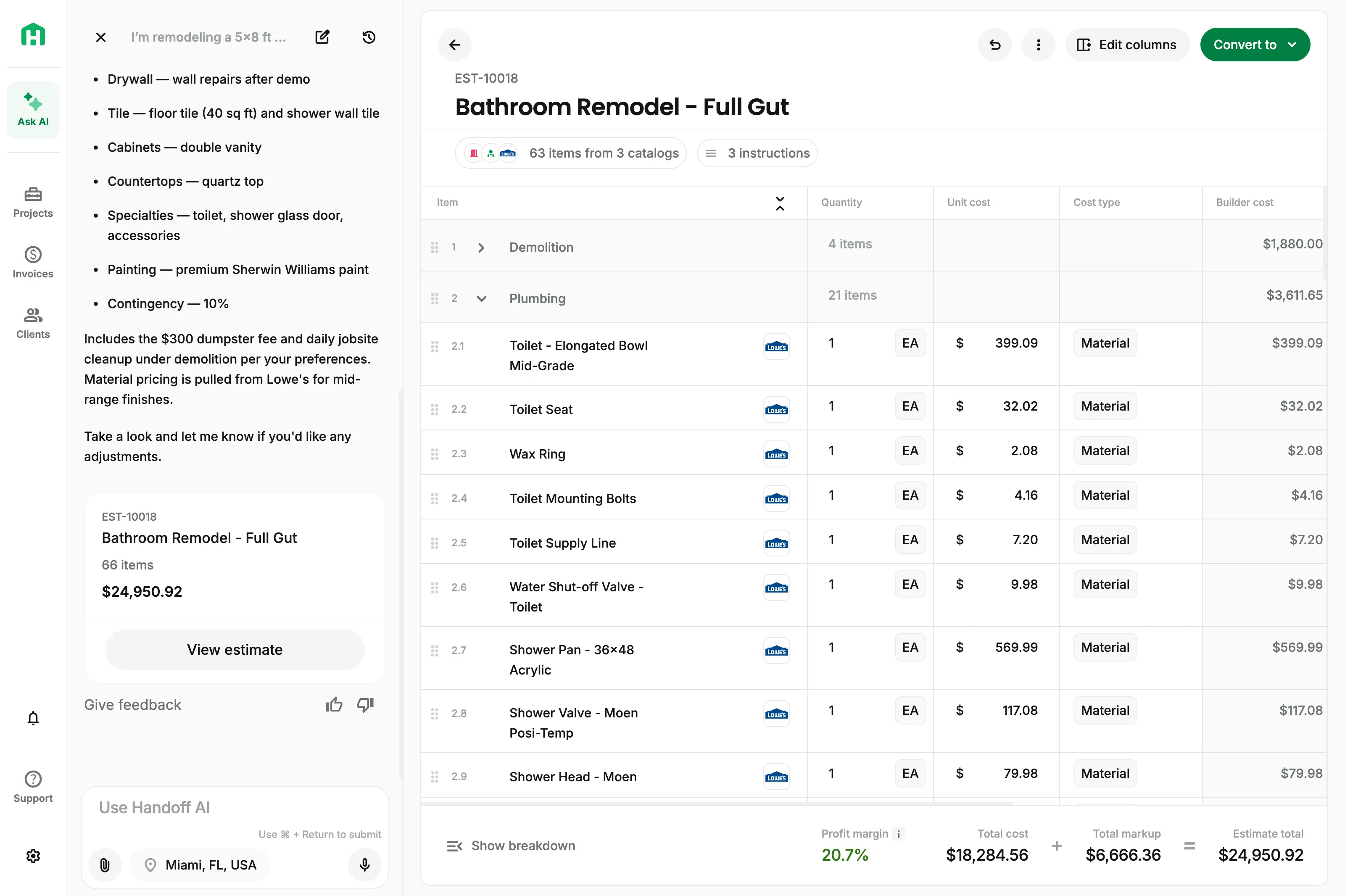 Handoff app showing AI chat and estimate detail