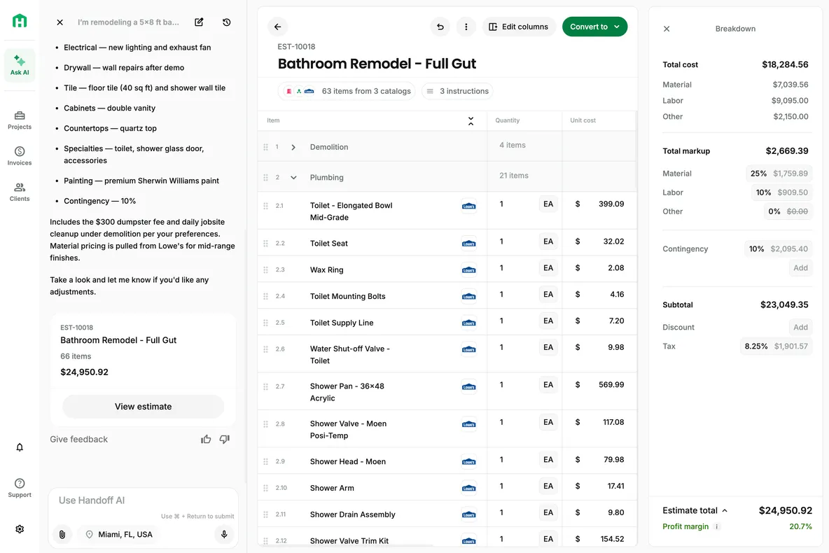 Handoff estimate dashboard showing a bathroom remodel project