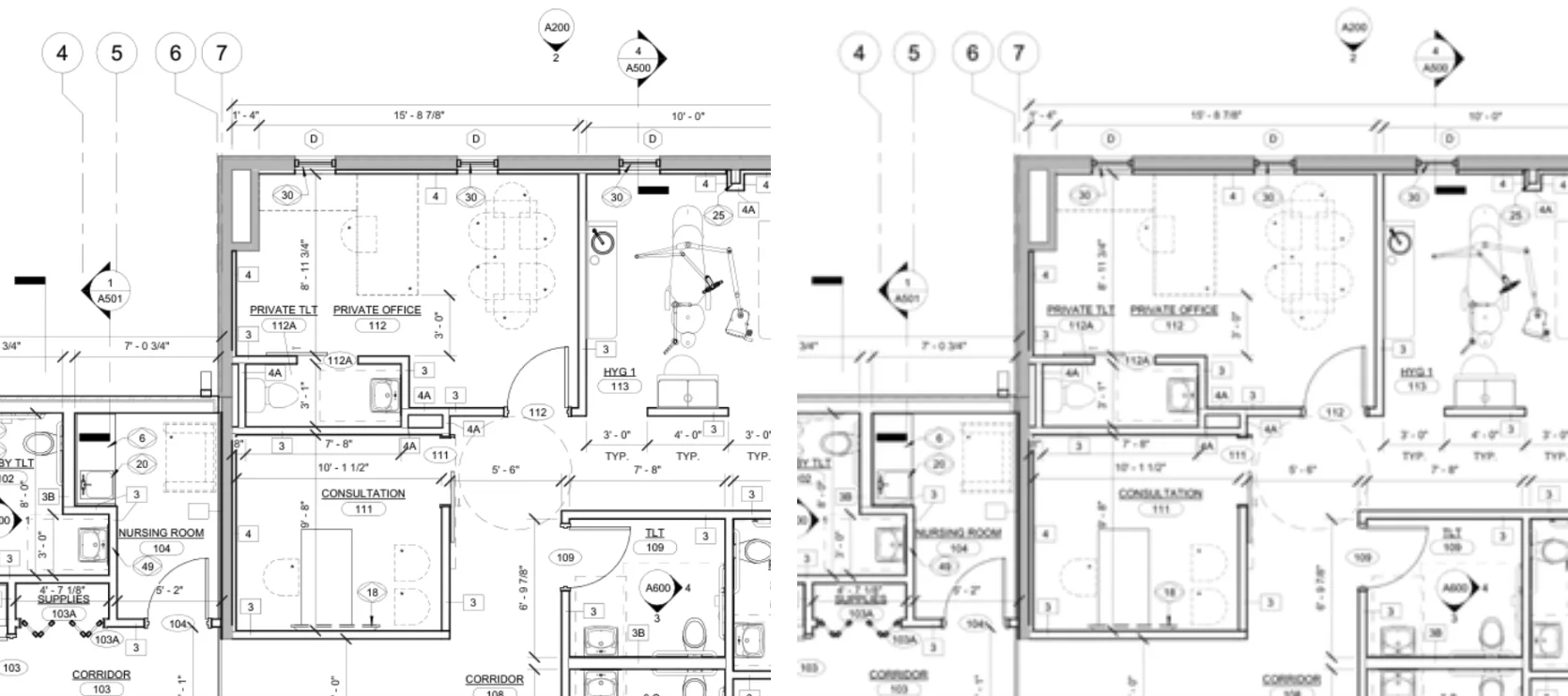 The same commercial floor plan crop shown twice: sharp as drawn on the left, and blurry after downscaling on the right, where labels and dimensions are hard to read.