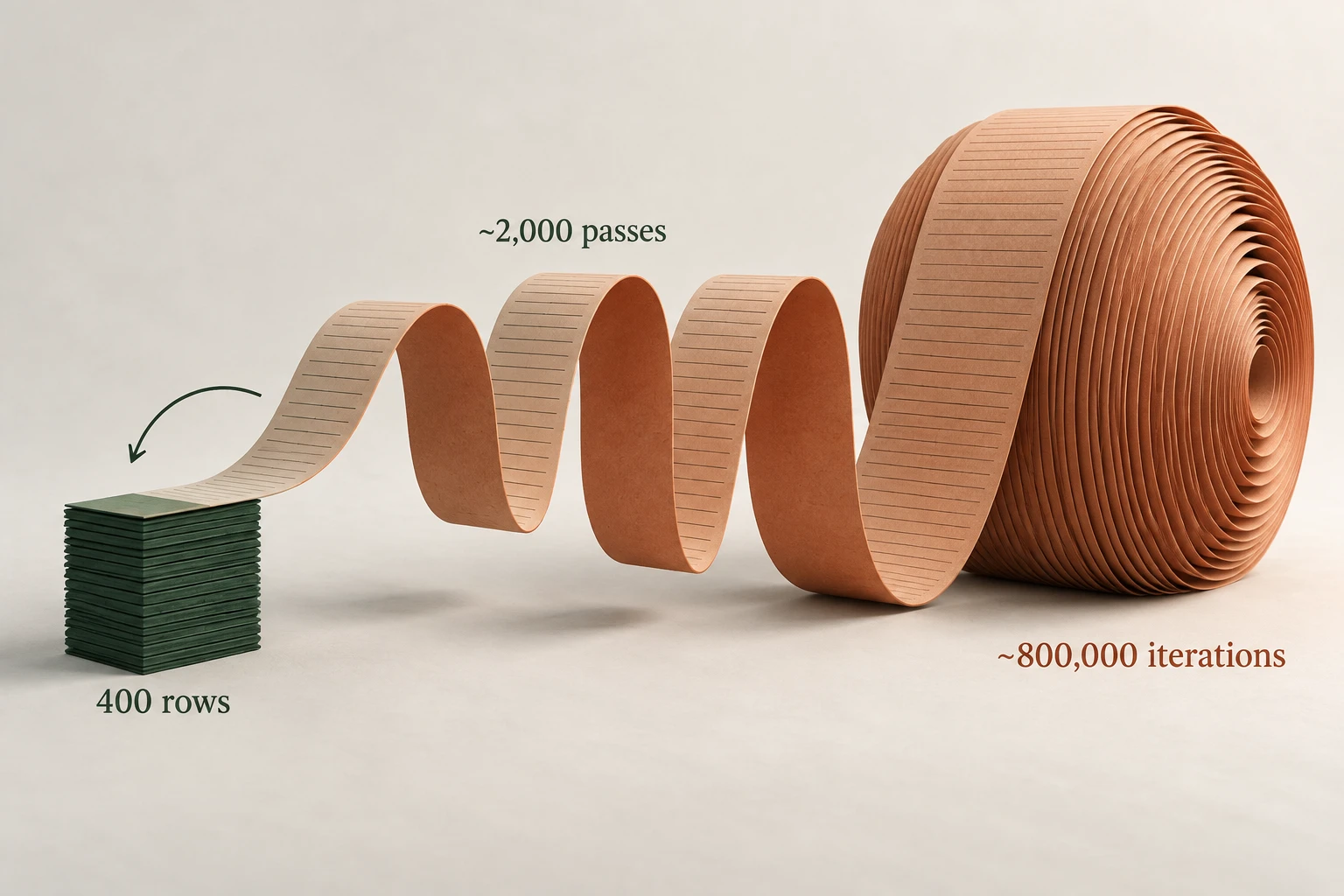 A compact green stack of estimate rows unrolls into a huge terracotta looping ribbon, showing repeated passes amplifying work.
