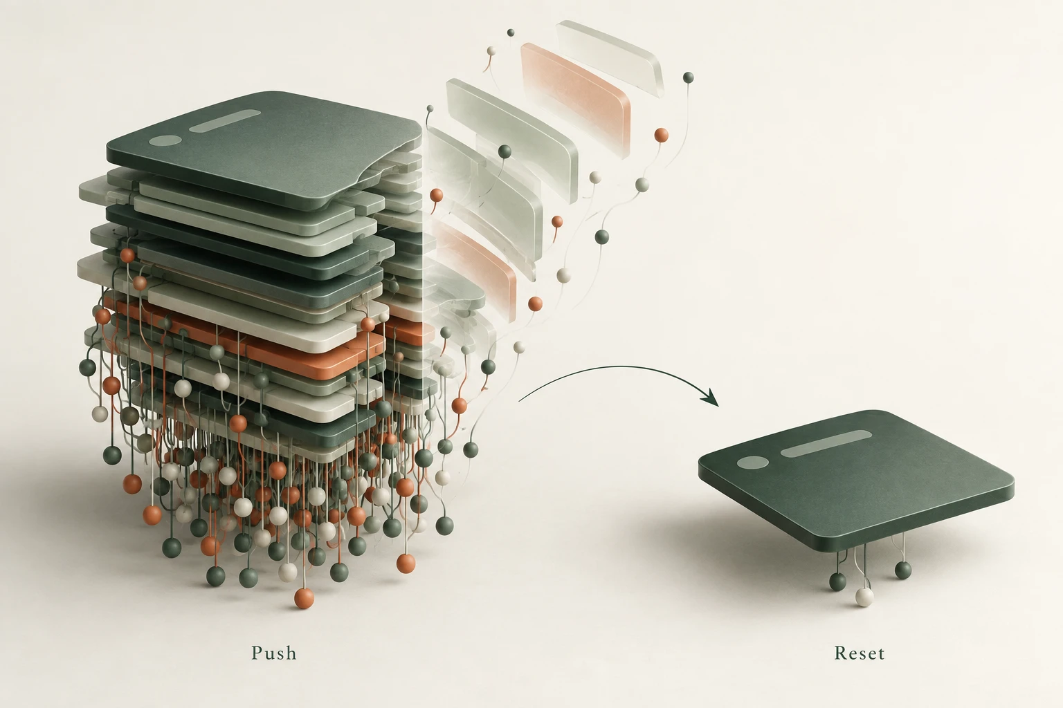 Sculptural stack of retained screens and observer beads resolves into one clean root slab.