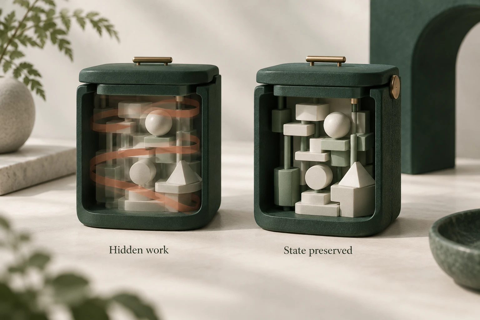 Tactile green chambers contrast a closed chamber wasting energy on repeated internal work with a calm chamber preserving an identical arrangement.