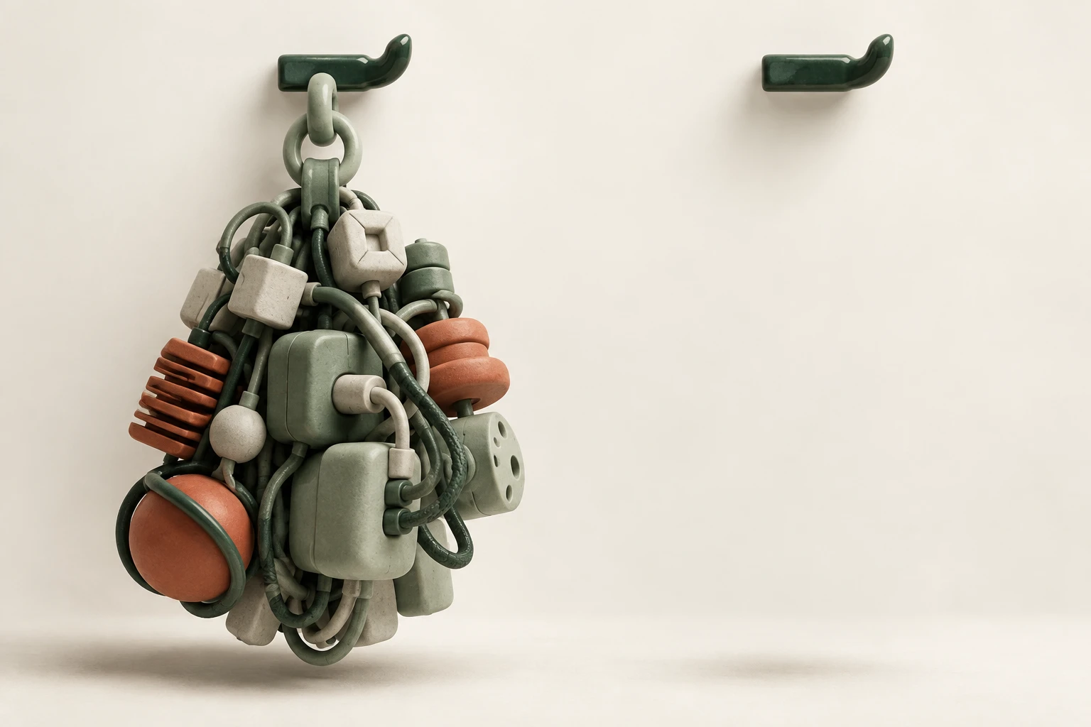 Tactile ceramic underline hooks contrast a dense dependency mass with a single self-contained green form.