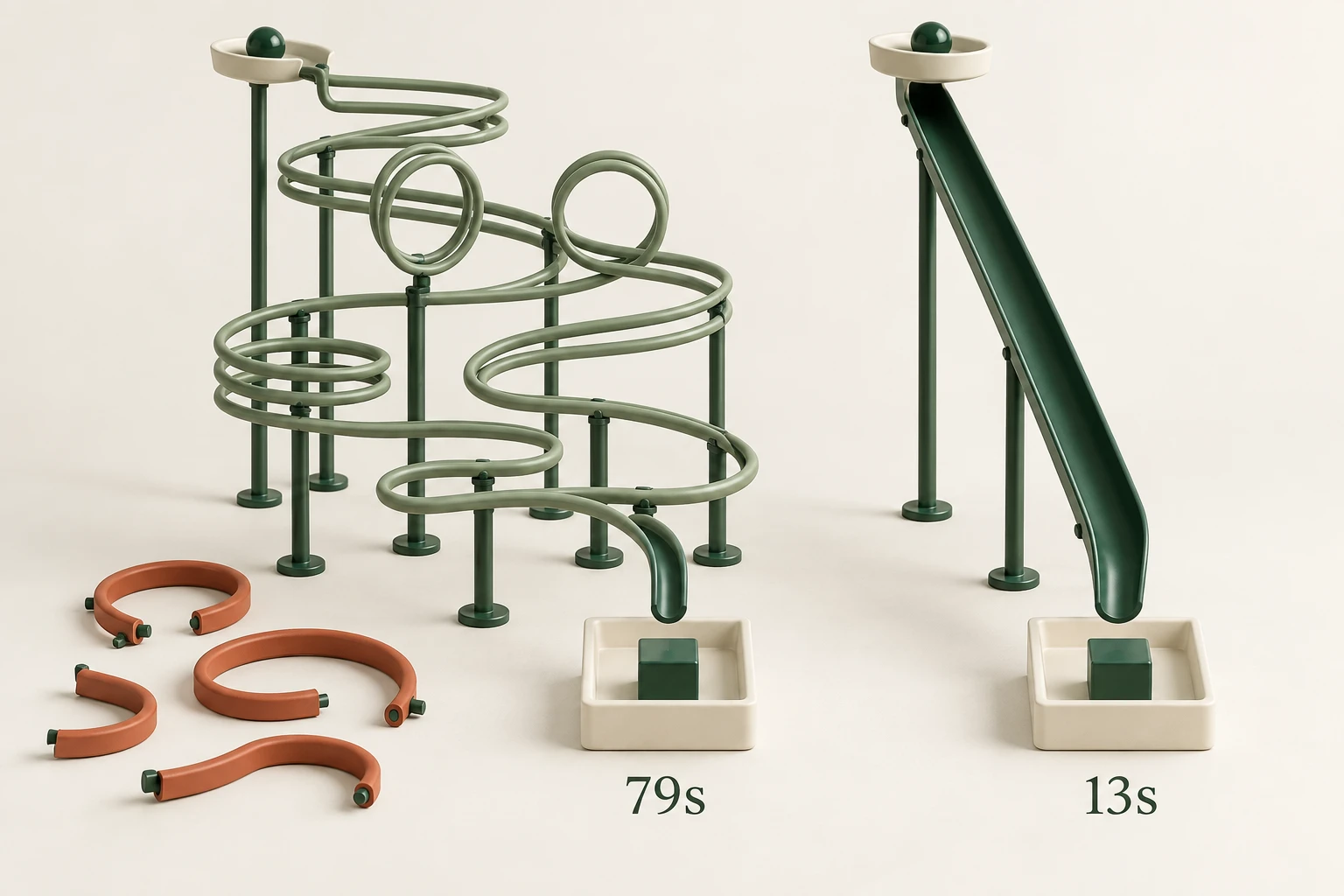 Two identical green marbles travel a sprawling coiled track and a short direct track, arriving at identical output molds.